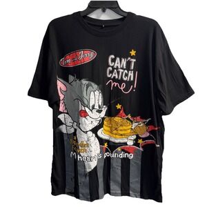 Vintage Tom & Jerry Crew Neck Short Sleeve Cartoon Graphic T-Shirt Black Size XL